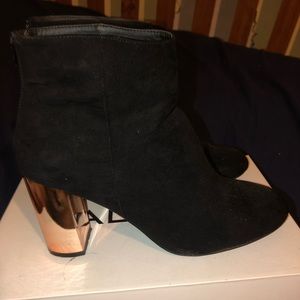 Black Suede booties with Gold heel